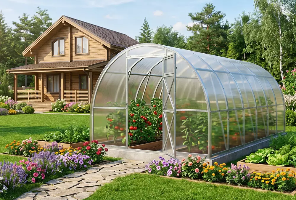 Теплица из поликарбоната с оцинкованным каркасом на дачном участке